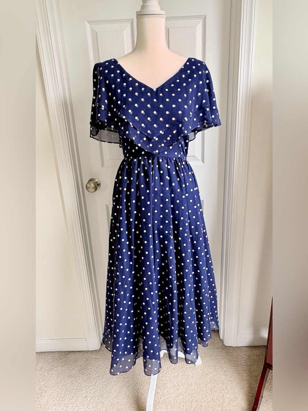 Navy Polka Dot Midi Dress with Ruffled Shoulder